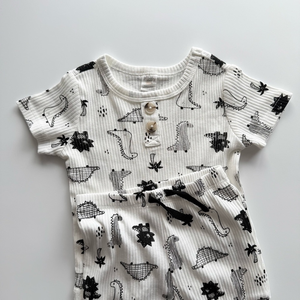 Baby Dinosaur Print Matching Set - Black and White Ribbed